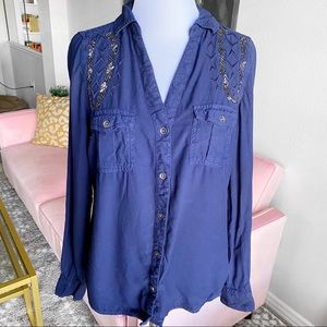 Rock & Republic Button Down Shirt Top Size Blue XS Beaded Embellished Collared